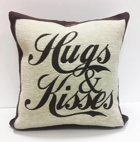 Comfortable chenille pillow with playful Hugs And Kisses wording, ideal for enhancing living room decor
