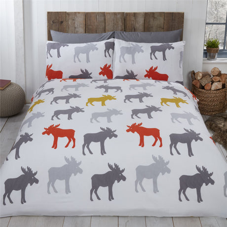 A soft, brushed cotton duvet cover with a stylish moose pattern in grey and red tones