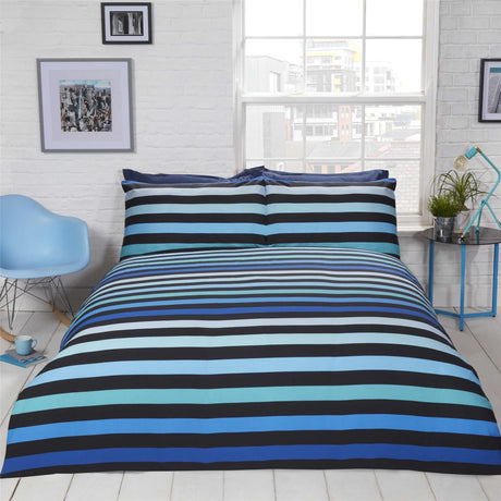 Vivid and playful duvet cover displaying a striking 3D zig zag pattern on one side and colourful stripes on the back