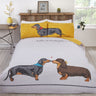 Quirky dachshund patterned duvet set with hello sausage slogan and reversible ochre reverse
