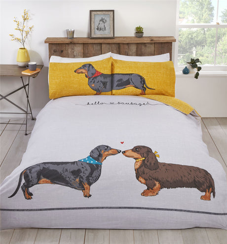 Quirky dachshund patterned duvet set with hello sausage slogan and reversible ochre reverse
