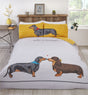 Quirky dachshund patterned duvet set with hello sausage slogan and reversible ochre reverse