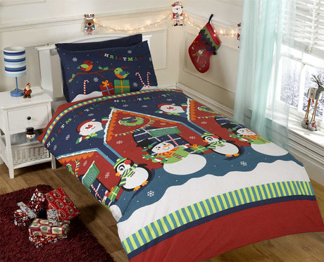 Vibrant Santa, snowman, and penguin themed duvet cover set suitable for toddlers and adults