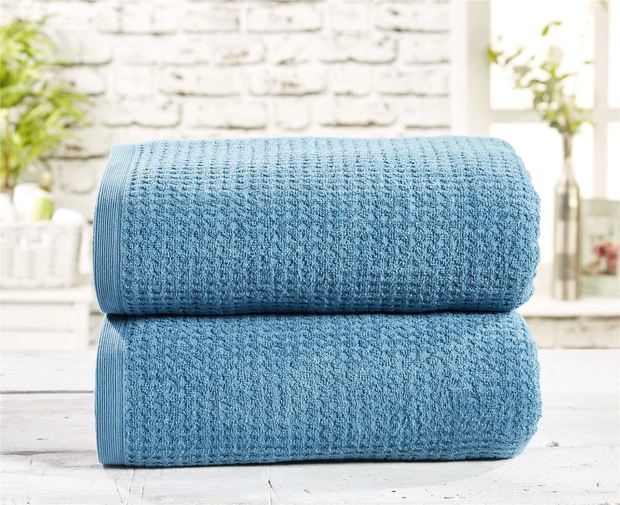 Soft and absorbent waffle towel in a beautiful shade of blue
