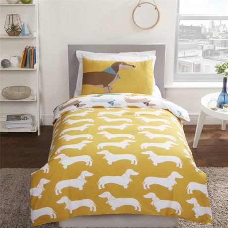 Fun and funky sausage dog duvet set showcasing reversible design, popper closures, and easycare fabric for quick maintenance