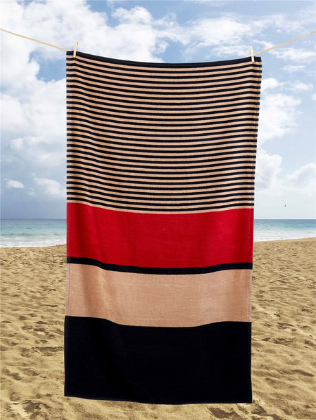 A large Hugo Beach Towel measuring 85x160cm featuring a red, cream, and blue block and stripe design, made from durable blended cotton, ideal for poolside or beach use and suitable for gifting