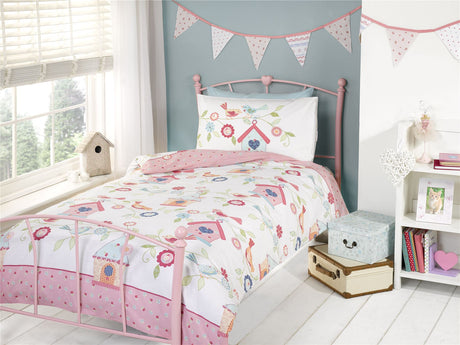 A colourful birds houses duvet set featuring birds, flowers, and birdhouses perfect for a child's bedroom decor