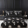 Enchanting Gothic-inspired bedding set featuring skull, sun, and moon motifs, fully reversible with easycare fabric for a mystical bedroom transformation