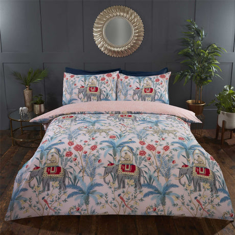 Vibrant jungle print duvet cover featuring leopards, elephants, monkeys among lush palm leaves and exotic flowers