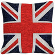 Quirky British-themed cushion featuring the Union Jack in textured chenille, perfect for cosy spaces