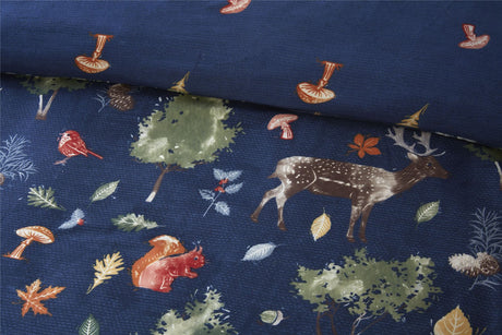 Close-up of the Autumn Forest Duvet Set displaying detailed autumnal leaf prints on soft fabric