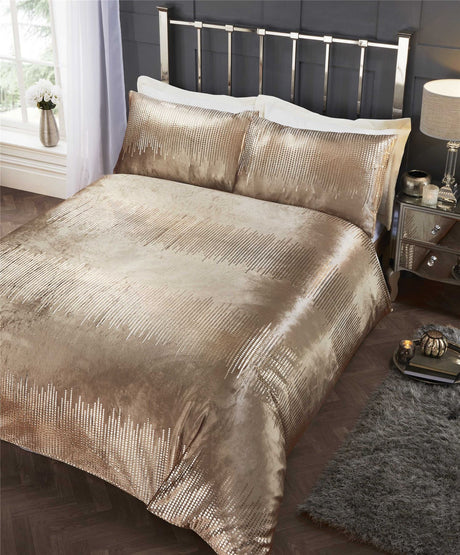 Luxurious Tiffany duvet set featuring foil printed sequin effect on crushed velvet fabric