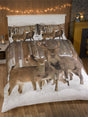 Stunning winter woodland bedding featuring a photographic print of a majestic stag and a graceful doe amidst snow-covered trees