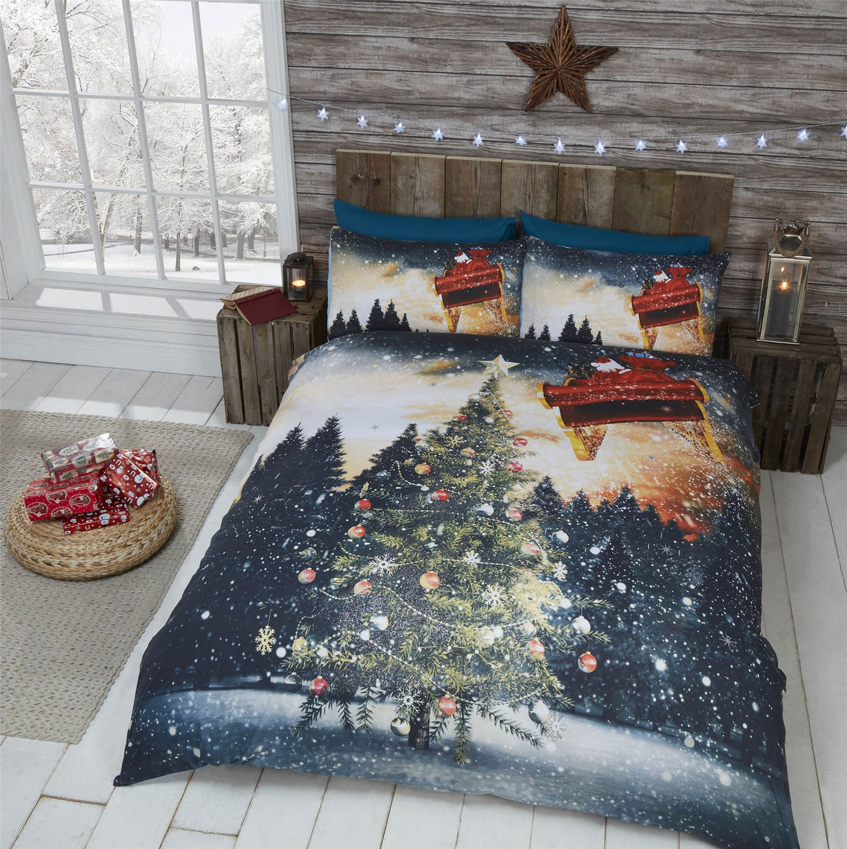 Enchanted flying Santa in his sleigh and magical tree scene duvet set with foil print detailing
