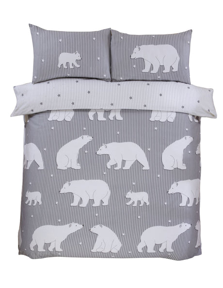 Double size pink duvet cover decorated with polar bears and striped star background, complete with matching pillowcases