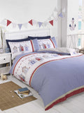 A vintage-inspired beach hut duvet cover featuring nautical blue and red colours with matching pillowcases