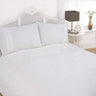 Beautifully designed Sorrento Duvet Set showcasing a simplistic style with intricate lace accents on duvet header and pillowcases