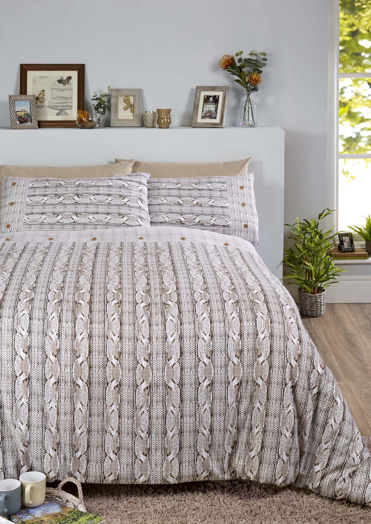Contemporary Arran Brushed Cotton Duvet Set with knitted effect printed onto real wood effect buttons, in neutral beige tones