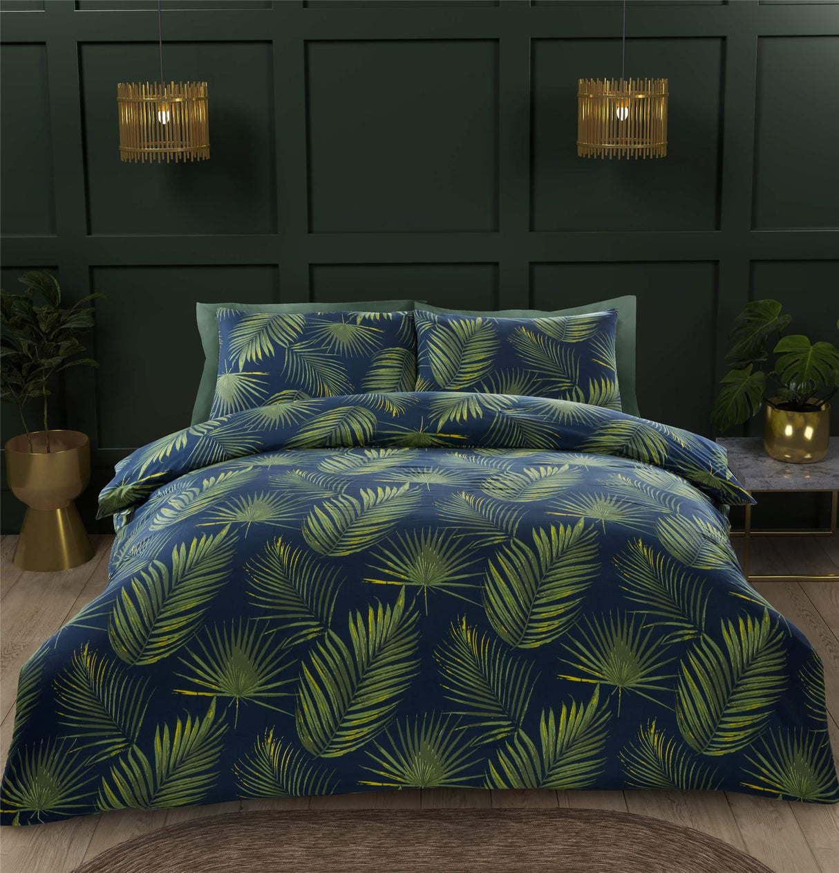 Luxurious Palma Duvet Set featuring tropical green palm leaf design on navy background, made from soft 180 thread count microfibre for a cosy, non-iron sleep experience