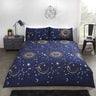 Reversible celestial duvet cover with metallic sun and moon motifs on dark fabric, includes matching pillowcases