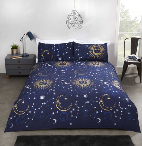 Reversible celestial duvet cover with metallic sun and moon motifs on dark fabric, includes matching pillowcases
