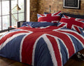 Vibrant red, white and blue Union Jack duvet set with vintage denim style printed design 