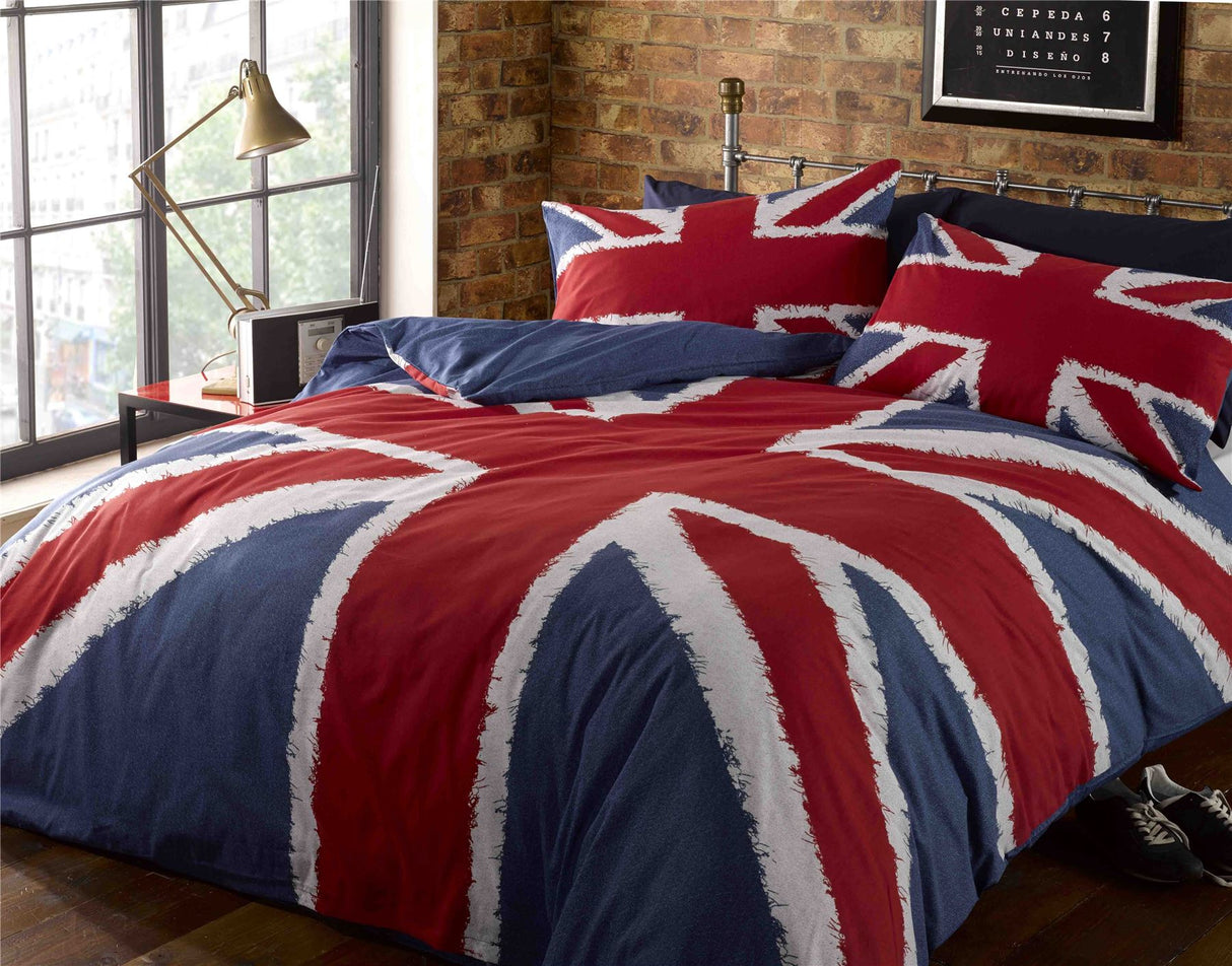 Vibrant red, white and blue Union Jack duvet set with vintage denim style printed design 