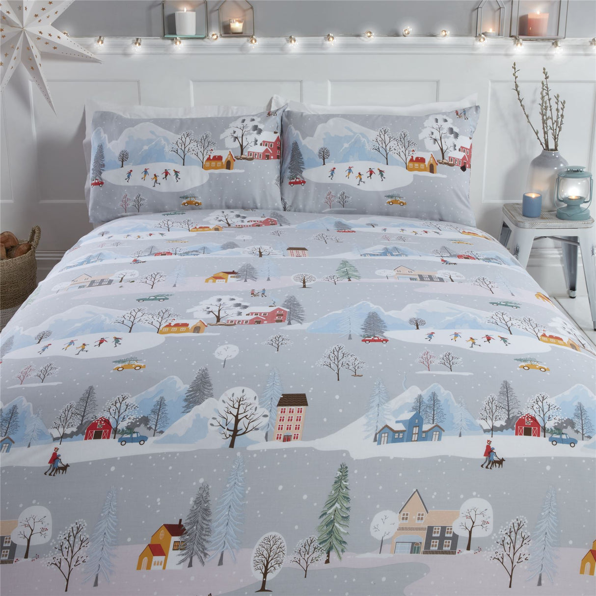 Winter Town Duvet Set with snow-capped roofs and fir trees