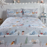 Winter Town Duvet Set with snow-capped roofs and fir trees
