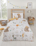 Charming woodland animals and foliage design on reversible duvet set in soft colours