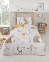 Charming woodland animals and foliage design on reversible duvet set in soft colours
