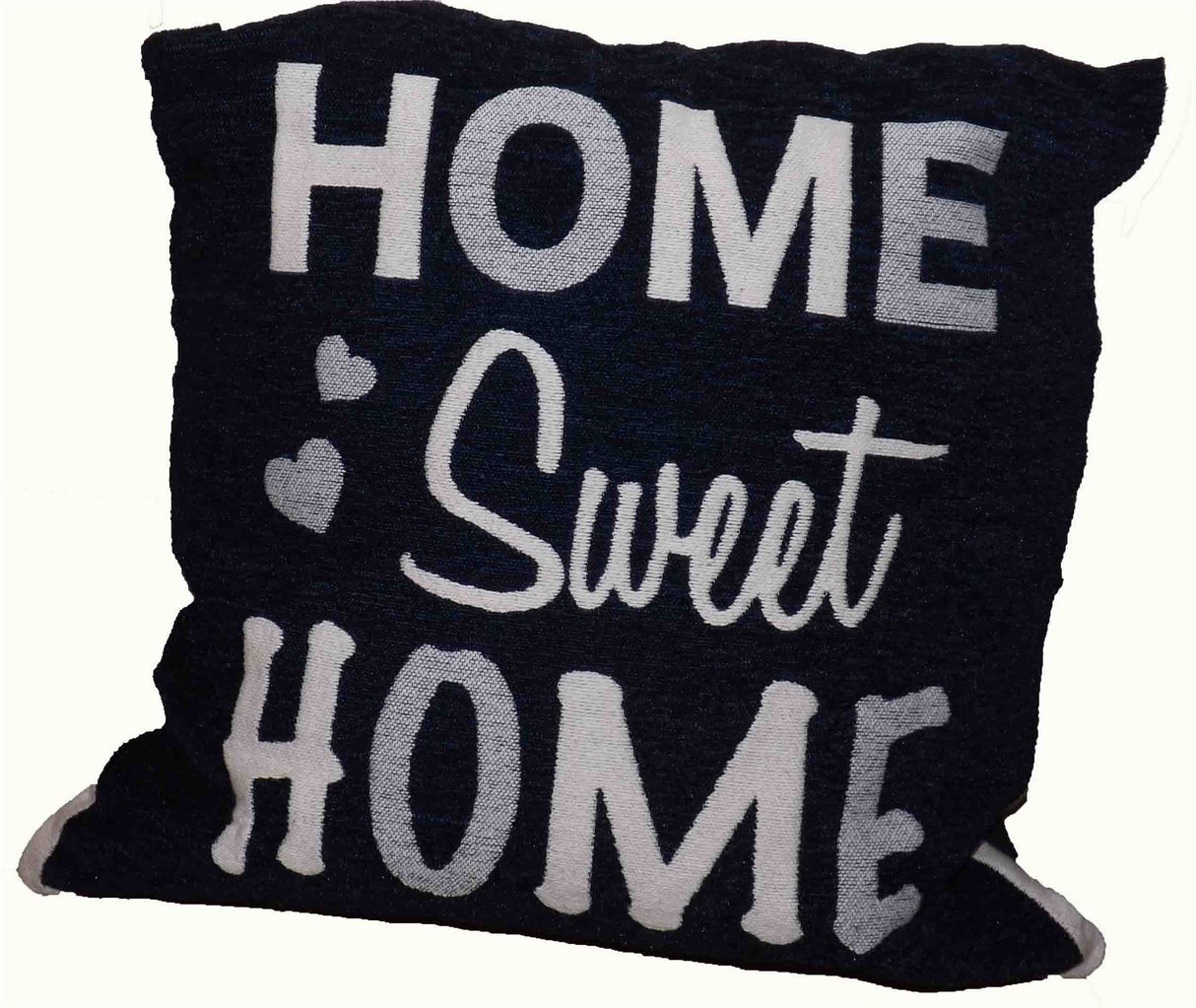 A rich chenille cushion featuring a Home Sweet Home slogan in cool text, perfect as a sofa accent piece