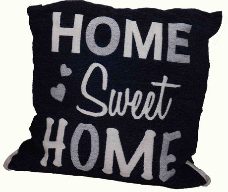 A rich chenille cushion featuring a Home Sweet Home slogan in cool text, perfect as a sofa accent piece