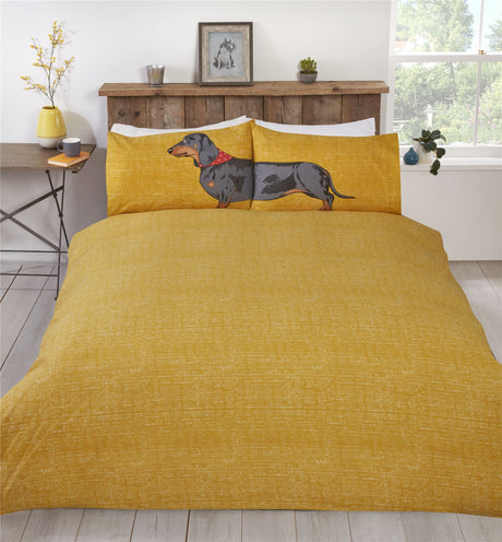 Single, double, and kingsize duvet set with matching pillowcases and popper closure, showcasing fun dachshund prints