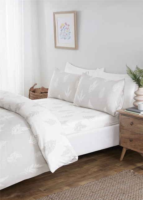 Stylish Fern Complete Bedding Set with white and grey leaf print on microfibre fabric