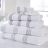 Detail shot of the alternating stab stitch border on a luxury spa towel