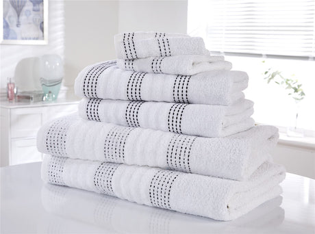 Detail shot of the alternating stab stitch border on a luxury spa towel