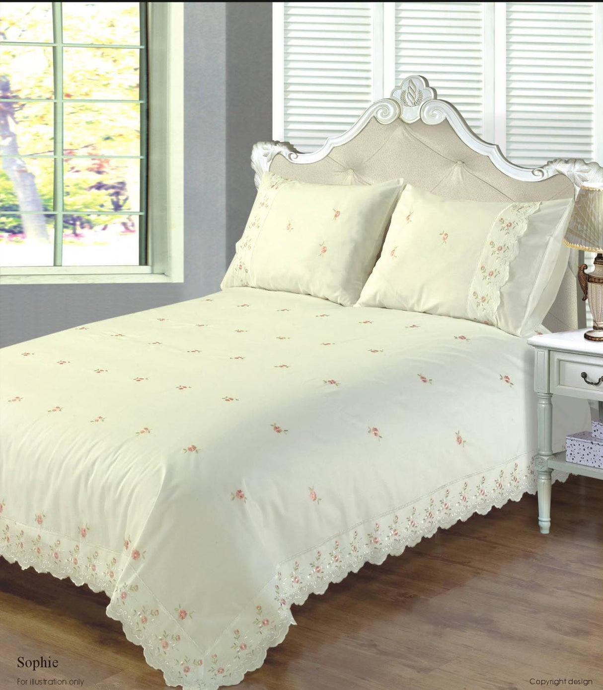 Matching pillowcases with embroidered roses and lace trim in Sophie Duvet Set