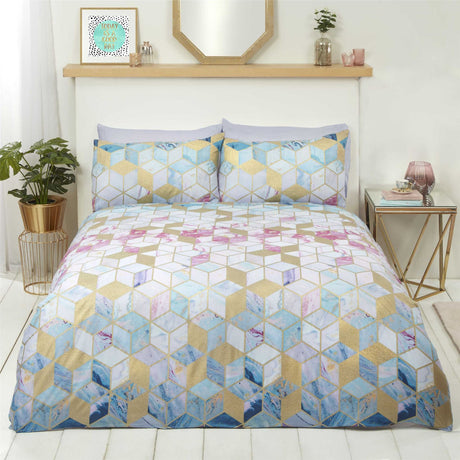 Quartz Duvet Set with stunning multi tone marble pattern and gold metallic geometric print