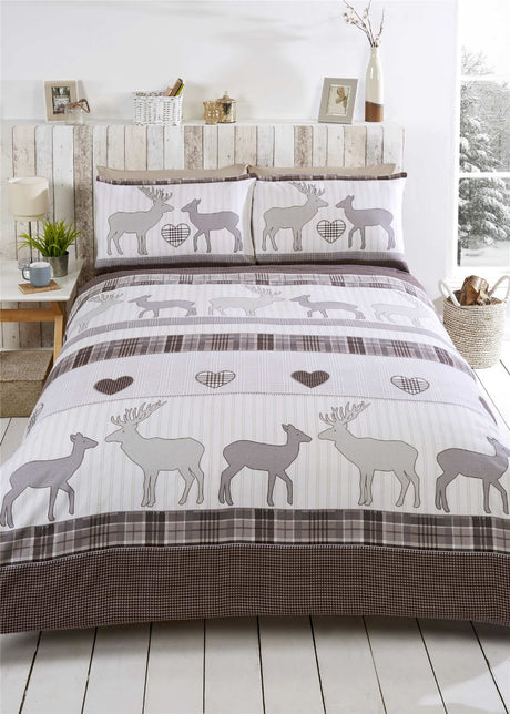 Luxurious brushed cotton duvet set featuring a winter-inspired design with elegant stags and traditional tartan patterns