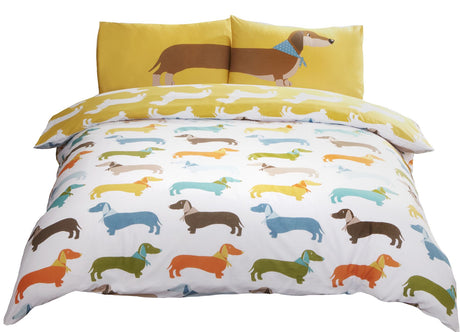 Double-sized sausage dog duvet set with multicolour print and matching pillowcases, perfect for a fun bedroom decor