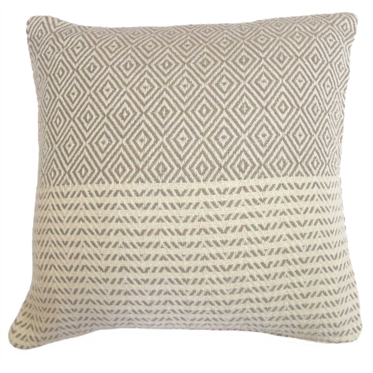 Geometric patterned cushion in muted colours for sofa or bed