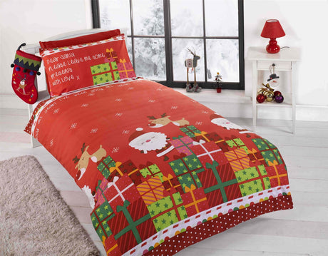 A festive red duvet cover featuring Santa, reindeer, and presents with popper closures for children’s bedrooms