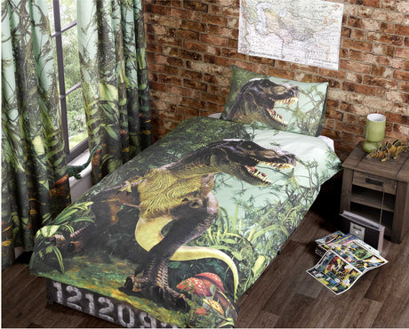 Jurassic T Rex duvet set featuring a bold dinosaur design with popper closure and easycare fabric