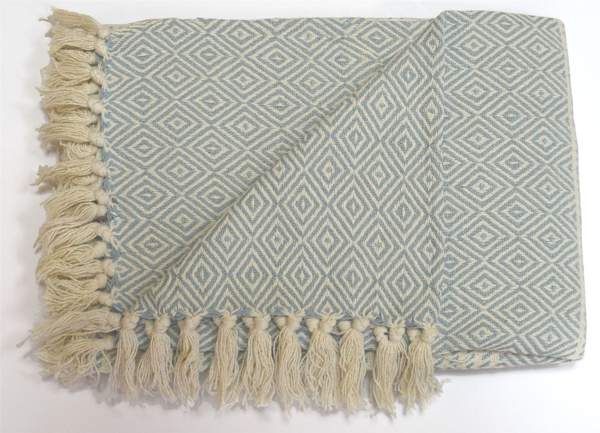 Close-up of Rona Throw showcasing classic striped and geometric design in cream with natural toned tassels