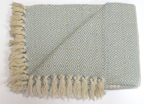 Close-up of Rona Throw showcasing classic striped and geometric design in cream with natural toned tassels
