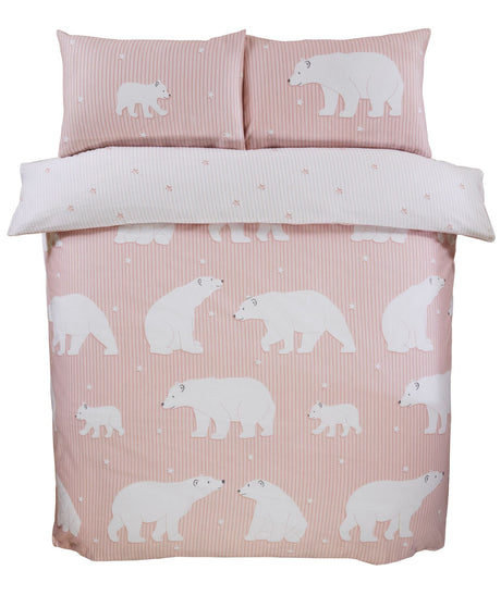 Reversible grey and pink duvet cover with polar bears and star accents on brushed cotton fabric, includes pillowcases