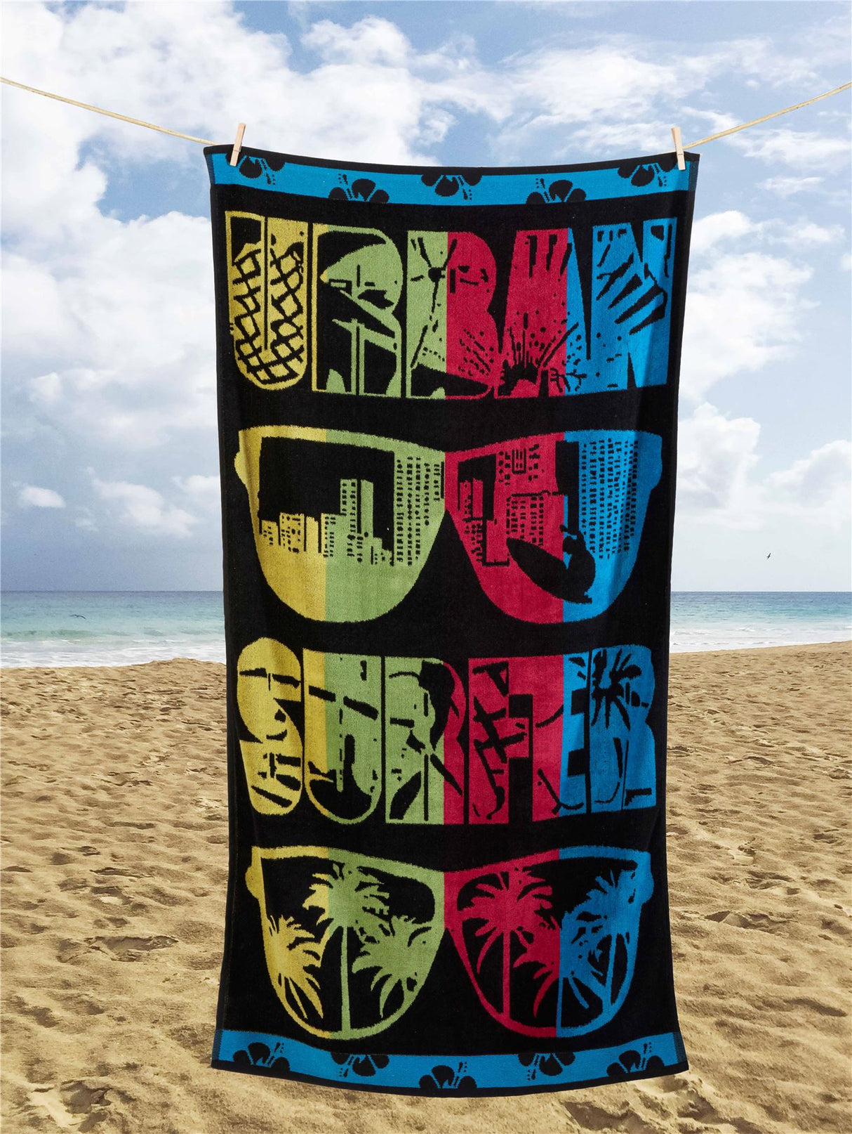 A long, absorbent beach towel with a stylish sunglasses design
