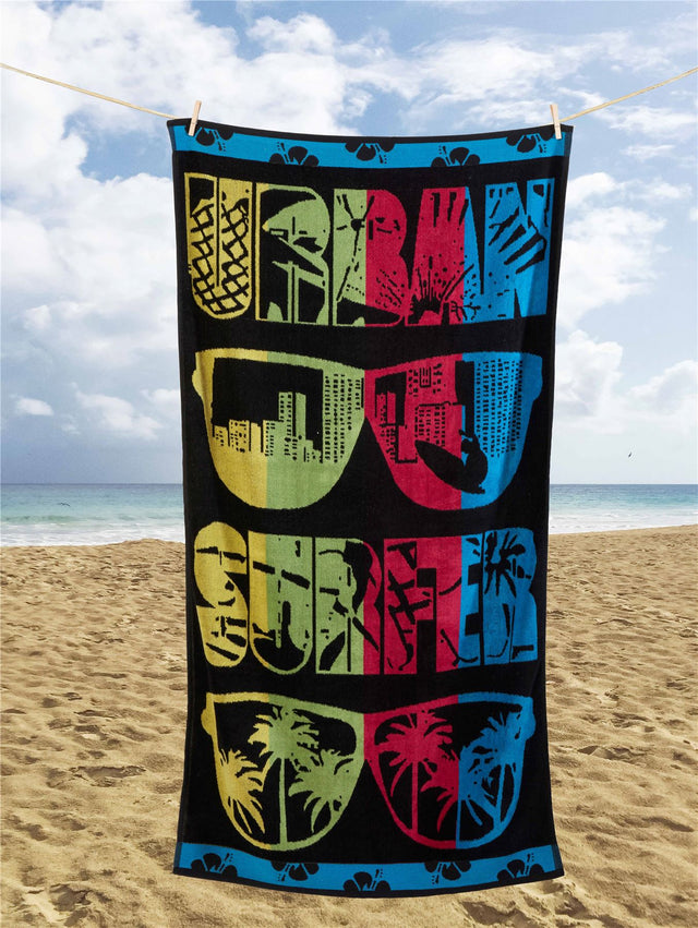 A long, absorbent beach towel with a stylish sunglasses design