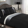A dark, velvet duvet set with quilted banded detail, button closure, available in single, kingsize, and superking sizes with matching pillowcases